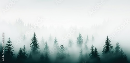 Misty forest landscape with evergreen trees in dense fog