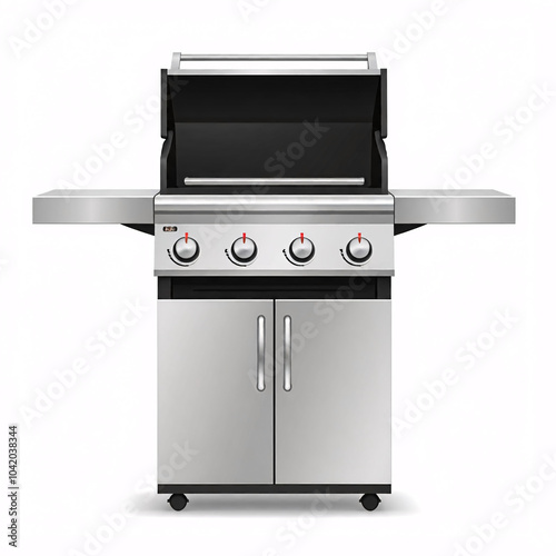 stainless steel gas grill with four burners on a white background