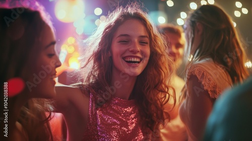 beautiful young woman in a nightclub dancing and smiling at the camera