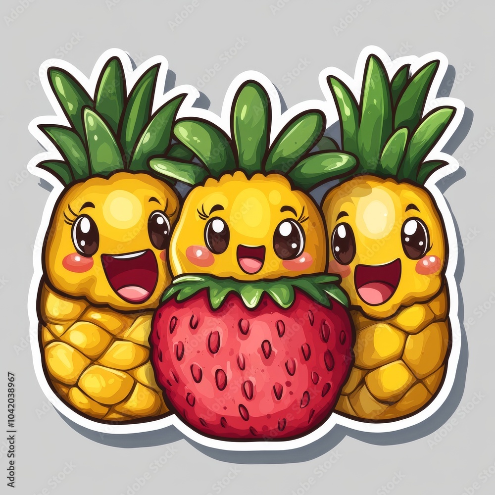 Fototapeta premium Three cheerful cartoon pineapples and a bright strawberry, featuring vibrant colors and adorable expressions.