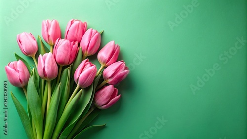 Pink tulips on green background minimalist design