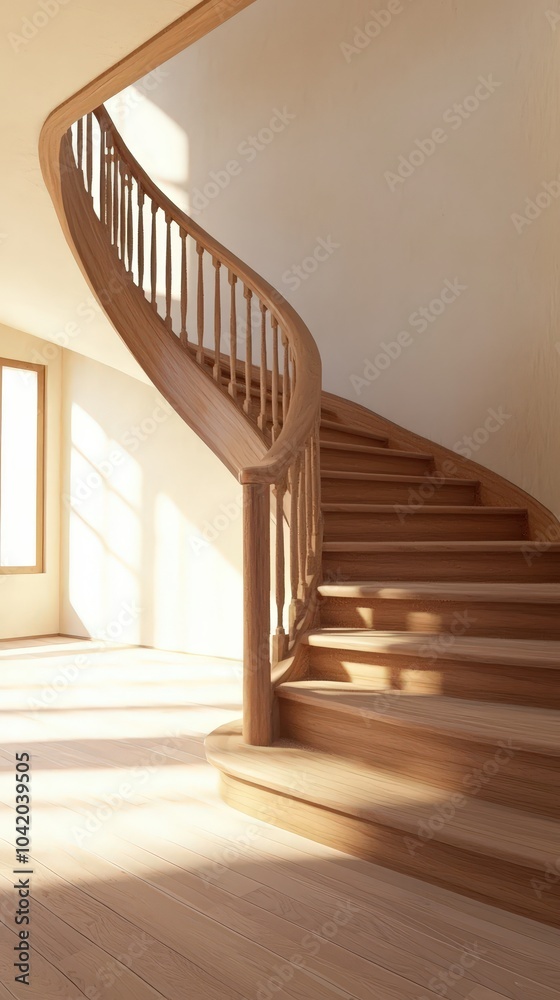 Elegant spiral staircase bathed in warm sunlight in a modern spacious interior setting Elegant spiral staircase bathed in warm sunlight in a modern spacious interior setting