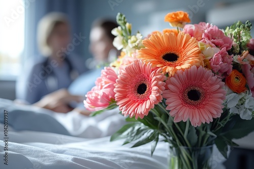 A hospital room with a patient recovering post-surgery, surrounded by loved ones. Generative AI