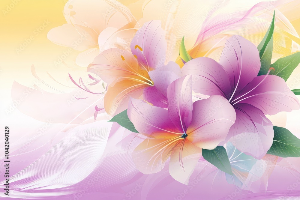 Pastel lilies bloom on a soft gradient background of purple and yellow Pastel lilies bloom on a soft gradient background of purple and yellow