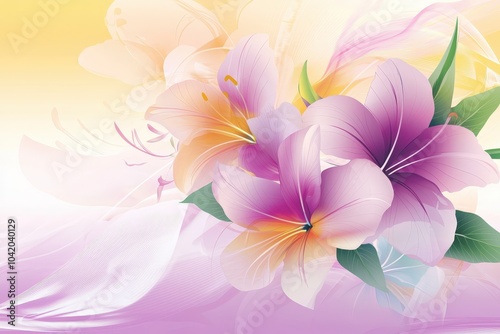 Pastel lilies bloom on a soft gradient background of purple and yellow