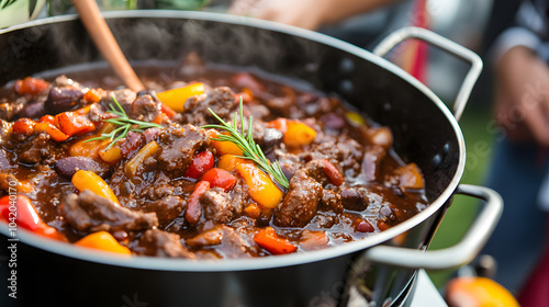 Savory Beef Chili Served at an Outdoor Barbeque with Friends and Festive Decorations for a Summer Gathering