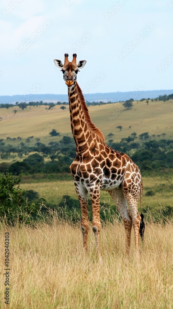 A majestic giraffe standing tall in the golden savanna under a bright blue sky A majestic giraffe standing tall in the golden savanna under a bright blue sky