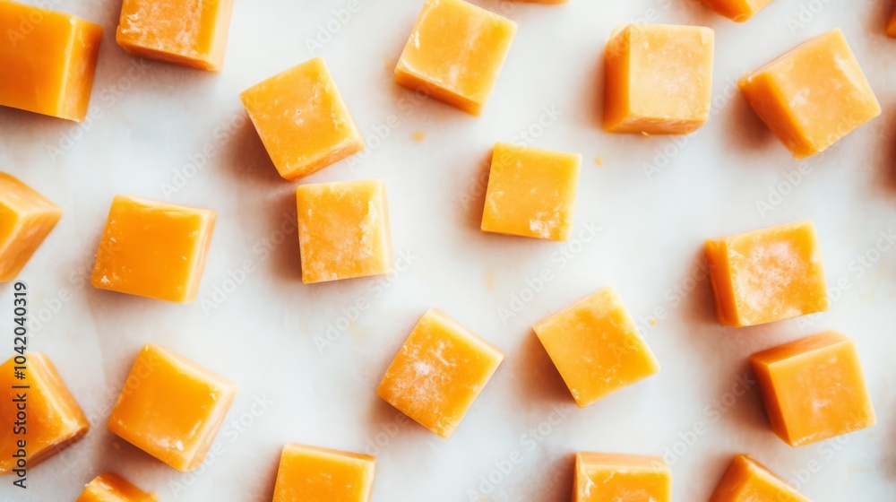Diced sharp cheddar cheese pieces arranged on a white surface Diced sharp cheddar cheese pieces arranged on a white surface