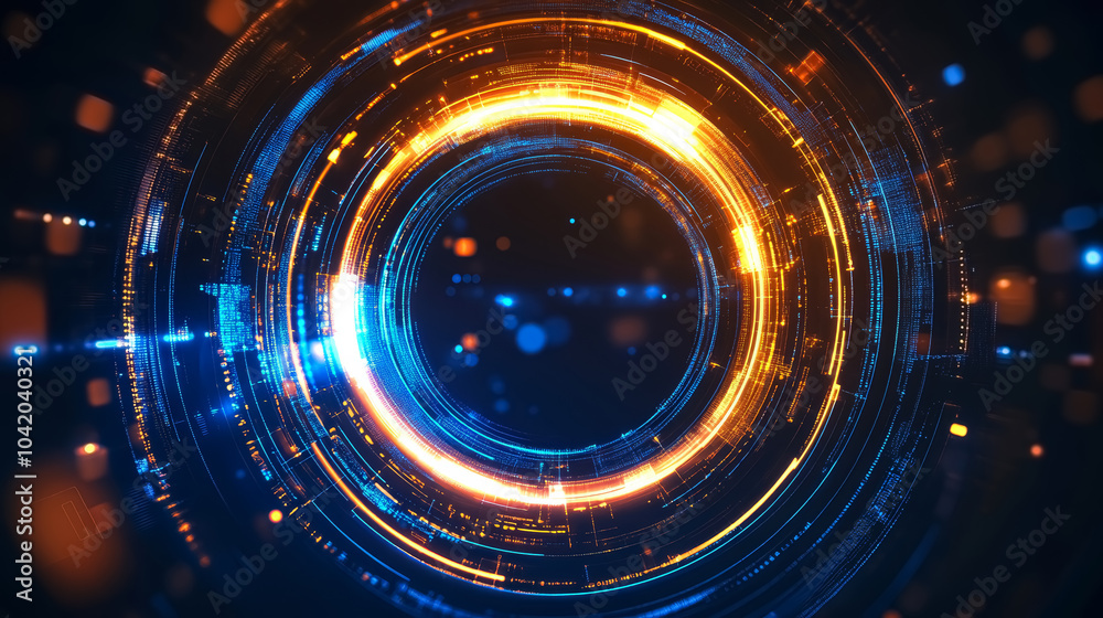 Obraz premium Creative blue and golden tech circle on dark abstract background. Big data, ai and futuristic digital technology concept.