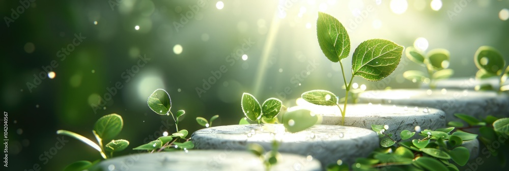Young plants grow on stone slabs under soft sunlight in a tranquil garden setting Young plants grow on stone slabs under soft sunlight in a tranquil garden setting