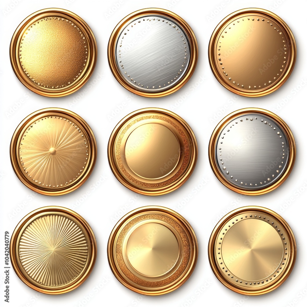 A collection of intricate circular metallic badges in gold and silver tones, showcasing various textures and designs. A collection of intricate circular metallic badges in gold and silver tones, showcasing various textures and designs.