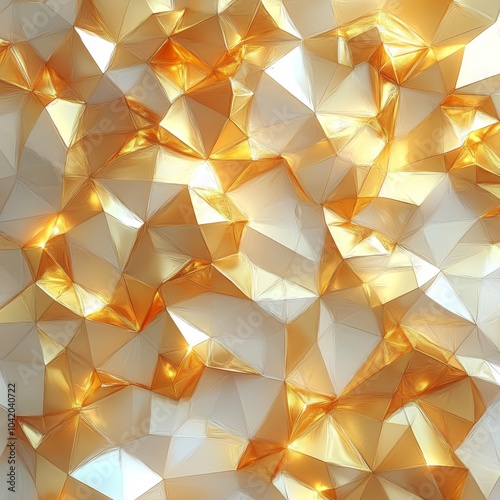 Abstract geometric pattern with golden hues and luminous triangular shapes in soft light.