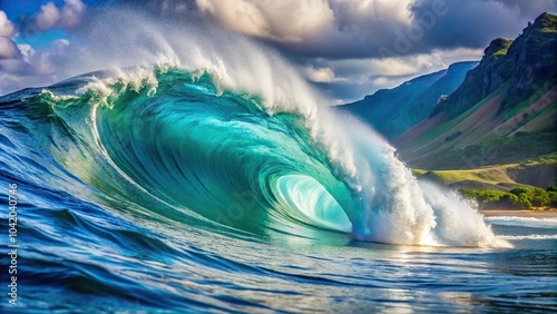 Pipeline wave cresting and breaking in whitewater along Oahu Hawaii coast