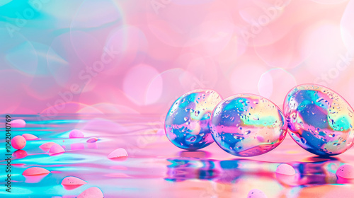 easter background in bright pink and blue holographic style with shiny copy space eggs modern design Greeting card
