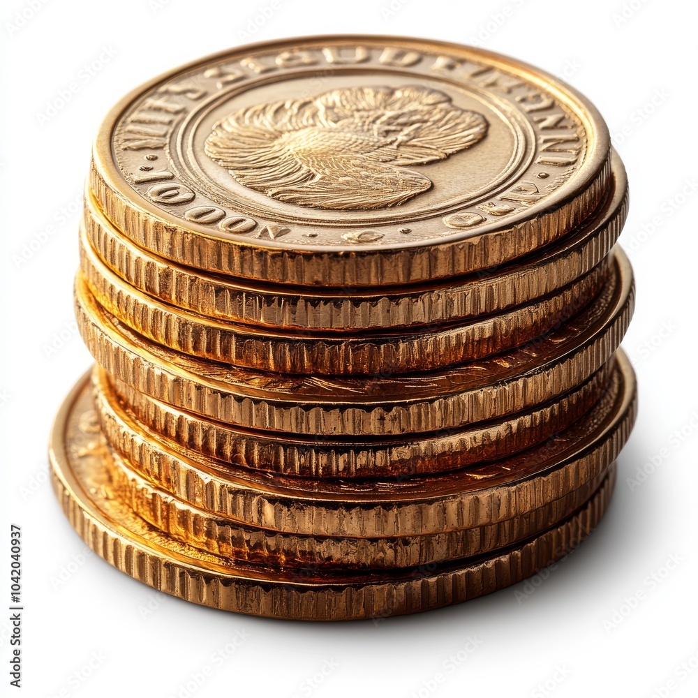 A stack of shiny gold coins, gleaming under soft light, showcasing intricate designs and text. A stack of shiny gold coins, gleaming under soft light, showcasing intricate designs and text.