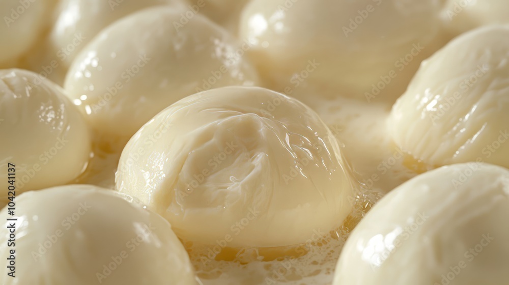 Shot of mozzarella featuring its glossy and stretchy texture Shot of mozzarella featuring its glossy and stretchy texture
