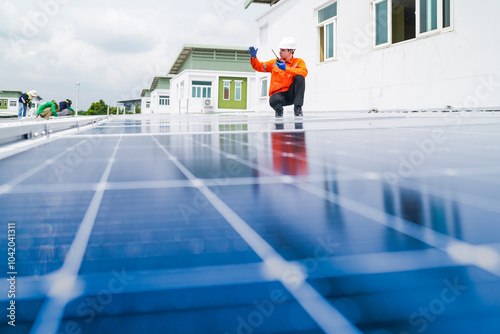 Wallpaper Mural engineer man inspects construction of solar cell panel or photovoltaic cell by electronic device. Industrial Renewable energy of green power. factory worker working on tower roof. Torontodigital.ca