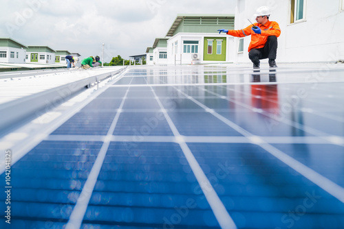 Wallpaper Mural engineer man inspects construction of solar cell panel or photovoltaic cell by electronic device. Industrial Renewable energy of green power. factory worker working on tower roof. Torontodigital.ca
