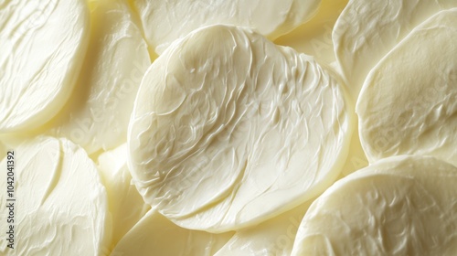 Slices of mozzarella showcasing its glossy, stretchy texture photo