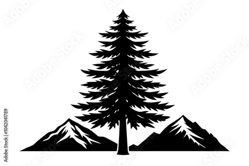 A tall cedar tree with a mountain range in the background