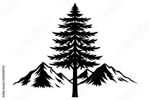 A tall cedar tree with a mountain range in the background