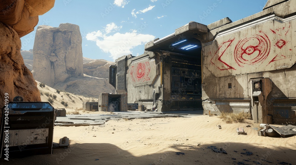 Futuristic building in a desert environment with large entrance doors and a desert landscape. Futuristic building in a desert environment with large entrance doors and a desert landscape.