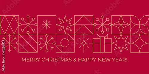 Gold line Christmas greeting card. Geometric Merry Christmas Happy New Year red banner with golden linear festive icons.