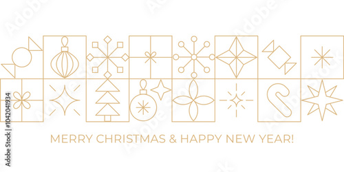 Gold line Christmas greeting card. Geometric Merry Christmas Happy New Year white banner background with linear icons.