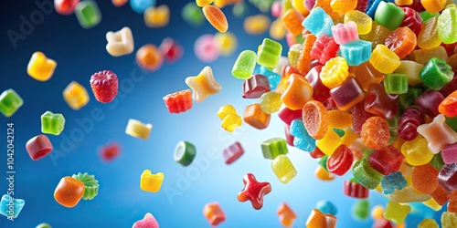 Colorful gummy sweets flying through the air reflected