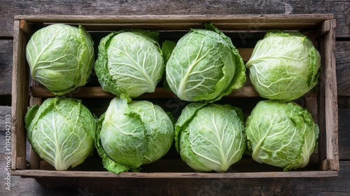 Fresh Green Cabbage in a Rustic Wooden Crate