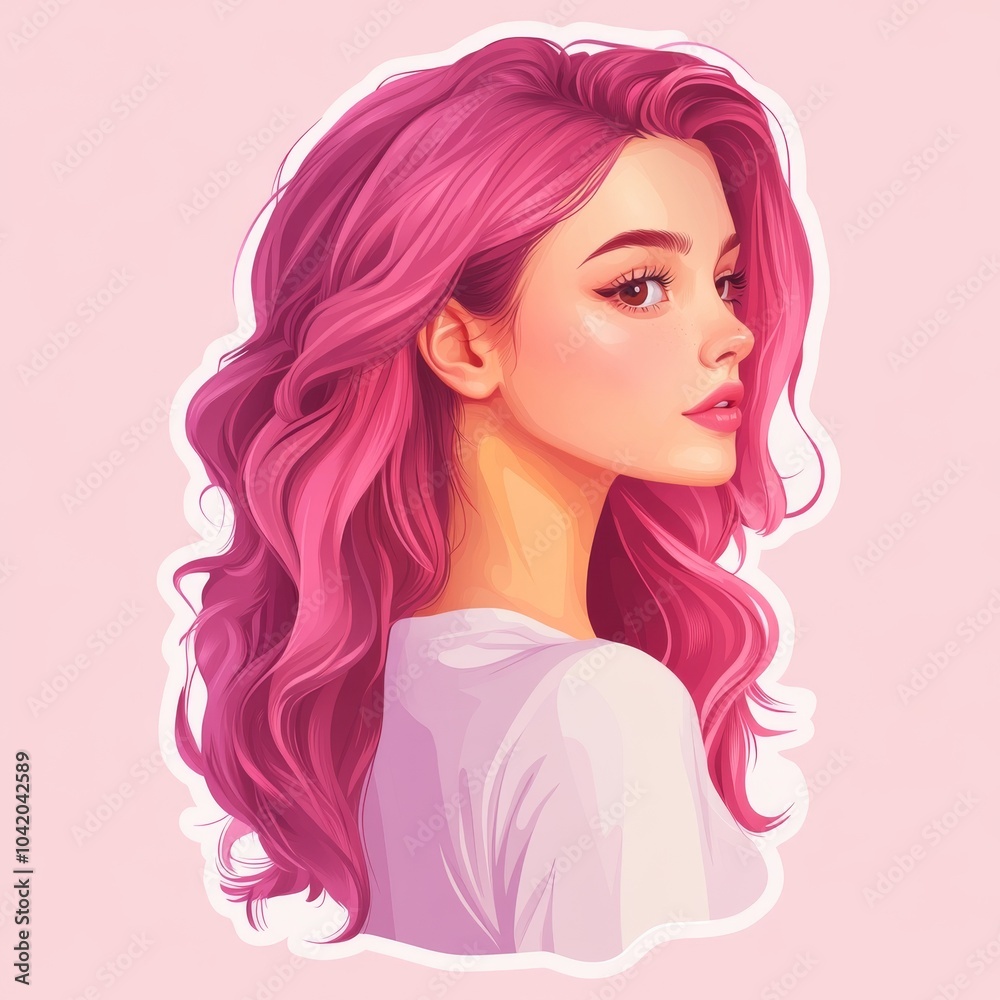 Profile of a young woman with wavy pink hair against a soft pink background. Profile of a young woman with wavy pink hair against a soft pink background.