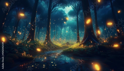 a forest with fireflies flying around the fireflies are glowing in the dark