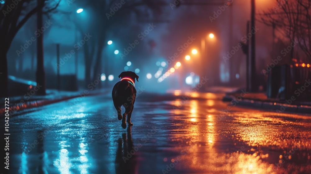 Dog with a bright collar running across an empty nighttime street, reflections of city lights dancing on the pavement. Dog with a bright collar running across an empty nighttime street, reflections of city lights dancing on the pavement.