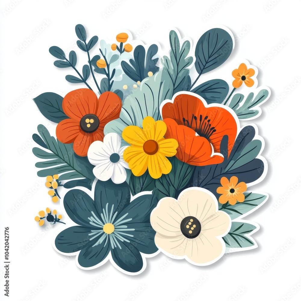A vibrant arrangement of colorful flowers including red, yellow, and white blooms surrounded by green foliage. A vibrant arrangement of colorful flowers including red, yellow, and white blooms surrounded by green foliage.