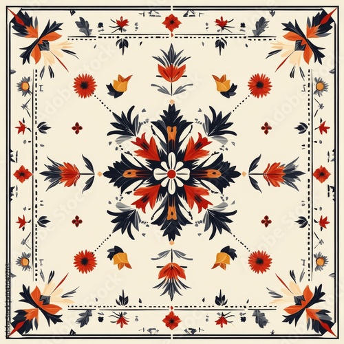 Elegant floral pattern design featuring red, yellow, and navy blooms on a cream background.