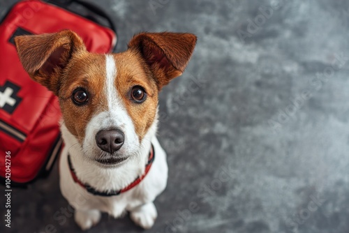A small brown and white dog sits attentively beside a first aid kit on a gray surface