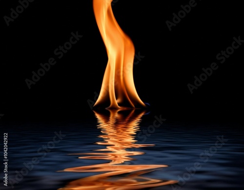 a long thin flame with a reflection of itself in the water the reflection is distorted and blurry giving the impression of movement and energy concept of passion and intensity