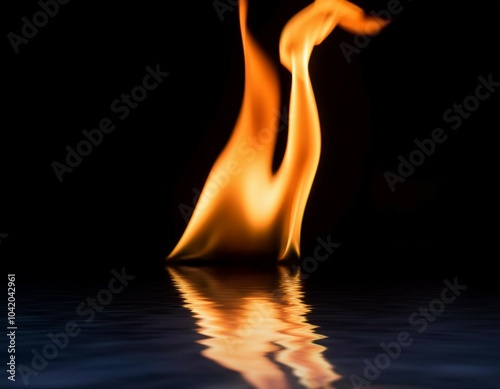 a long thin flame with a reflection of itself in the water the reflection is distorted and blurry giving the impression of movement and energy concept of passion and intensity