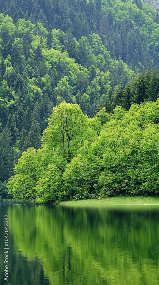 Obraz premium Lush green trees reflect on the tranquil lake in a serene forest landscape during daylight