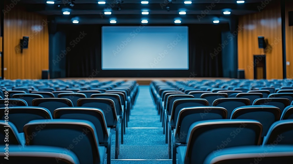 Empty rows of seats in a large hall, facing a blank screen on stage, perfect for keynote or event setup. Empty rows of seats in a large hall, facing a blank screen on stage, perfect for keynote or event setup.