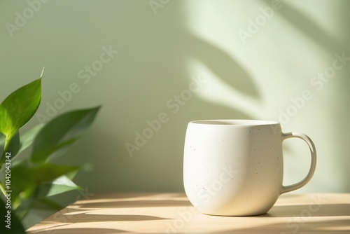 Minimalist white ceramic mug on wooden table with green background, natural light