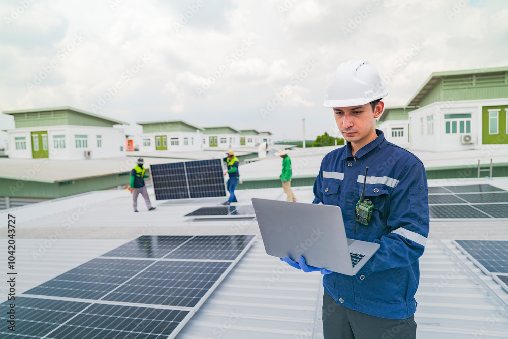 A worker in protective gear uses a laptop while inspecting solar panels on a rooftop. The image emphasizes the use of technology in managing renewable energy systems and solar power installations. A worker in protective gear uses a laptop while inspecting solar panels on a rooftop. The image emphasizes the use of technology in managing renewable energy systems and solar power installations.