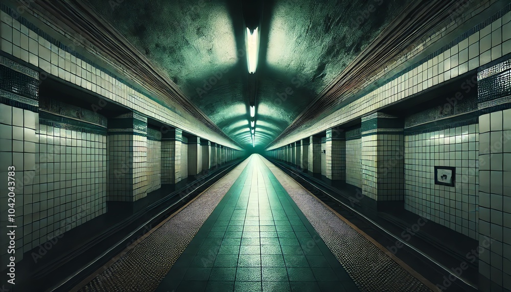 Fototapeta premium A cinematic view of an empty, dimly lit underground subway station at night