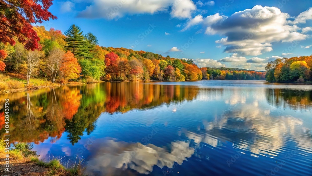 Fototapeta premium Placid fall scene at Buckingham Reservoir in Glastonbury Connecticut