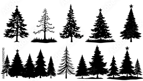 christmas tree set black silhouette design isolated vector with a white accent, png
