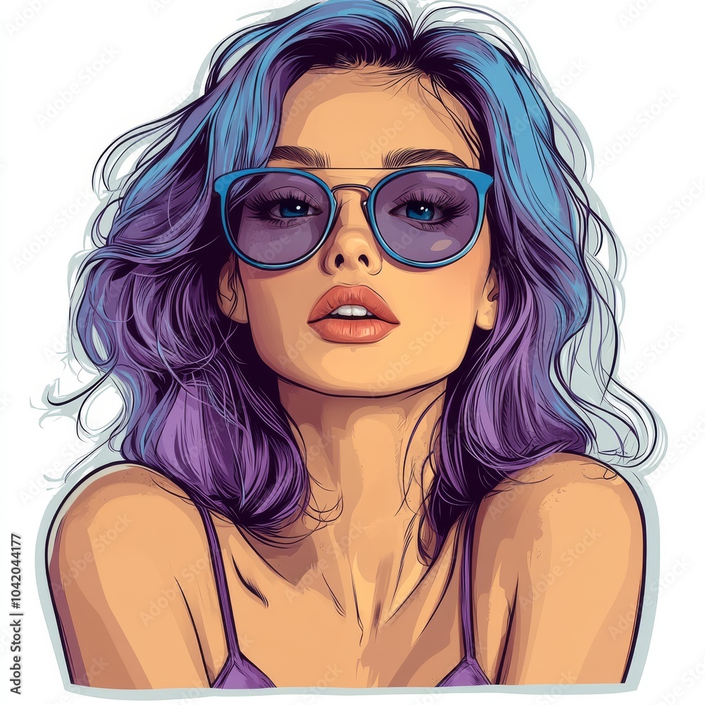 Stylish young woman with purple ombre hair and trendy sunglasses, exuding confidence and cool vibes. Stylish young woman with purple ombre hair and trendy sunglasses, exuding confidence and cool vibes.