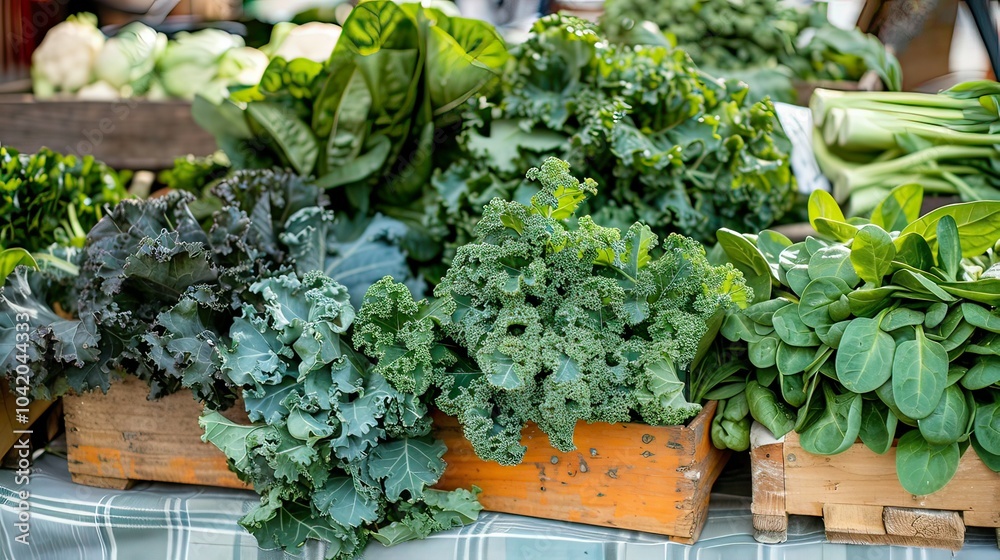 A variety of leafy greens, such as kale and spinach, artfully arranged at a rustic farmers market stall. Minimalist A variety of leafy greens, such as kale and spinach, artfully arranged at a rustic farmers market stall. Minimalist
