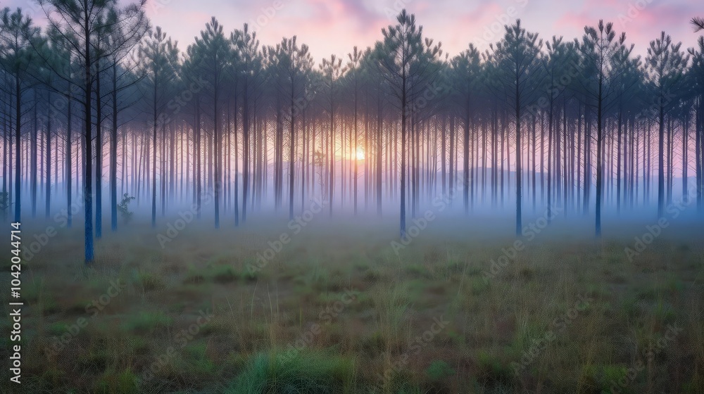 Misty sunrise through a forest of tall pines, creating a magical and ethereal atmosphere. Misty sunrise through a forest of tall pines, creating a magical and ethereal atmosphere.