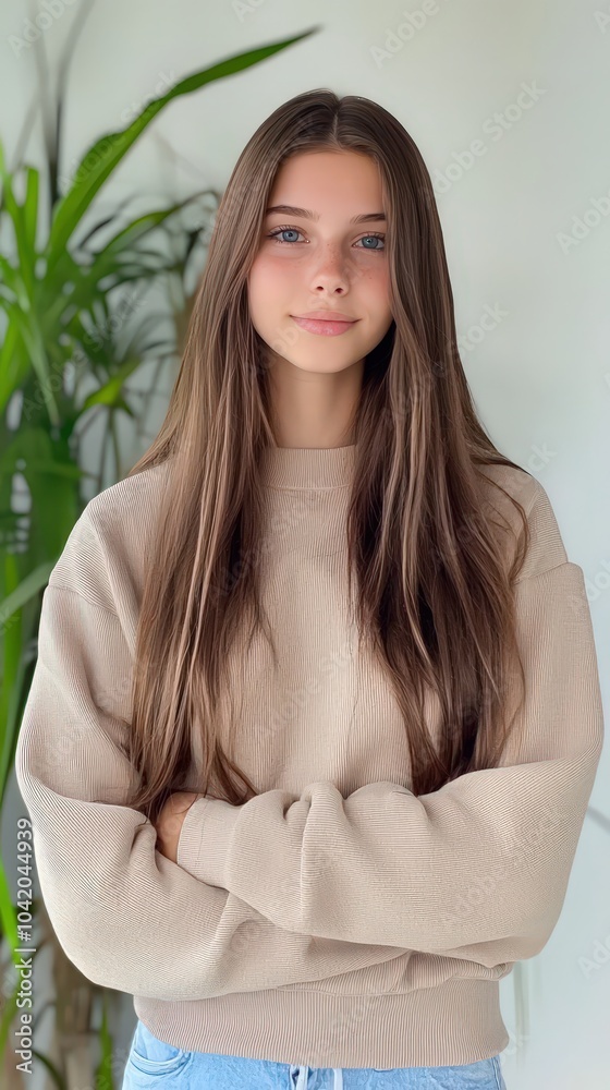 A young girl with long hair confidently poses indoors against a backdrop of greenery A young girl with long hair confidently poses indoors against a backdrop of greenery