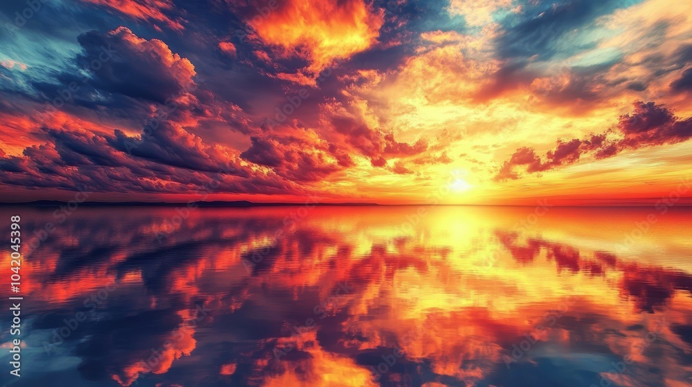 Fototapeta premium Fiery clouds reflecting the colors of a sunset above the horizon, creating a dramatic scene over the ocean